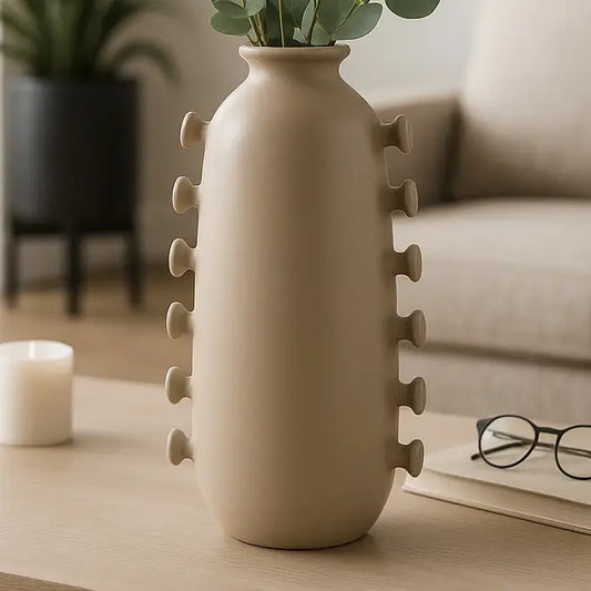 Decorative Vase - Tan Ceramic with Side Detailing, 18 in.