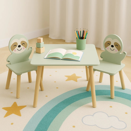 Kids Table and Chair Set with 2 Sloth Chairs, Sage Green