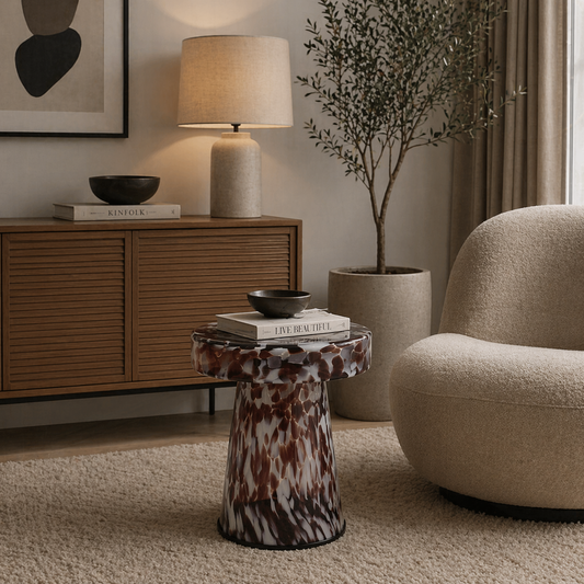 Side Table - Brown Glass Metal Artistic Pattern, 19 in.
