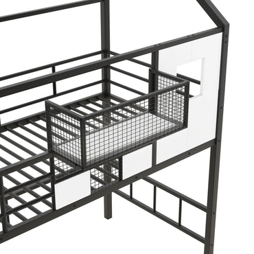 Metal Loft Bed with Roof & Storage Box – Twin, Black