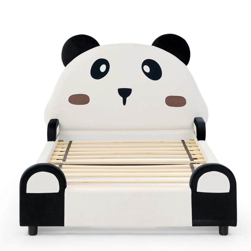 Twin Size Cute Panda-Shaped Kids Bed with Soft Padded Edges, Velvet Upholstered Solid Wood Frame in White and Black