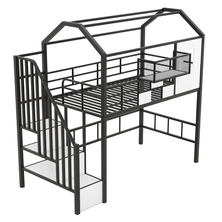 Metal Loft Bed with Roof & Storage Box – Twin, Black