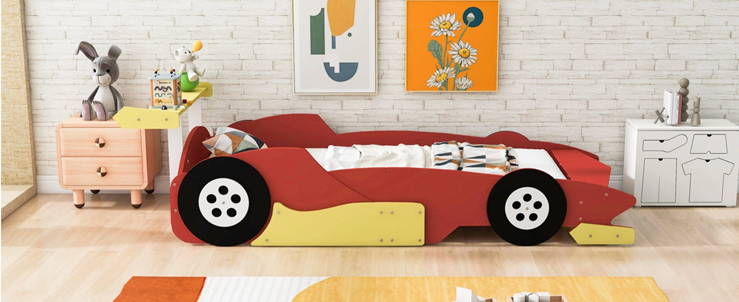Race Car-Shaped Platform Bed with Wheels For Kids Bedroom Furniture Playful Design
