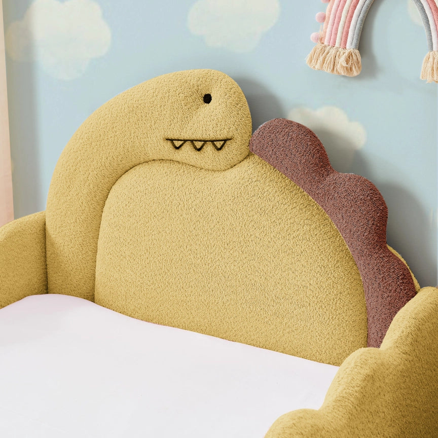Twin Size Cute Dinosaur-Shaped Kids Bed with Safety Guardrail, Boucle Fabric Solid Wood Frame