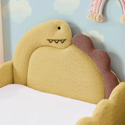 Twin Size Cute Dinosaur-Shaped Kids Bed with Safety Guardrail, Boucle Fabric Solid Wood Frame