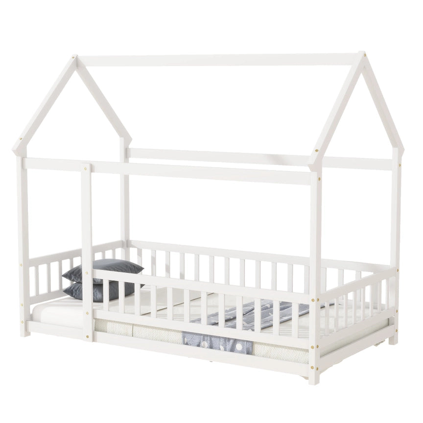Twin Size House Floor Wooden Bed with Roof Frame,Safety Guardrails,White
