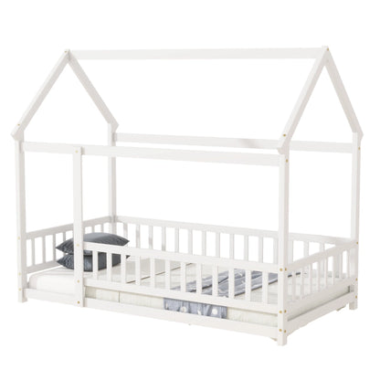 Twin Size House Floor Wooden Bed with Roof Frame,Safety Guardrails,White