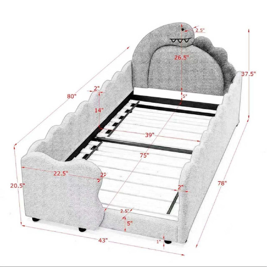 Twin Size Cute Dinosaur-Shaped Kids Bed with Safety Guardrail, Boucle Fabric Solid Wood Frame