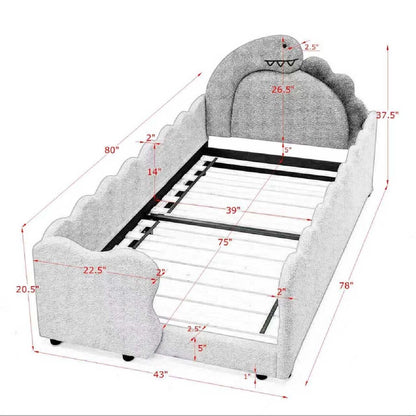 Twin Size Cute Dinosaur-Shaped Kids Bed with Safety Guardrail, Boucle Fabric Solid Wood Frame