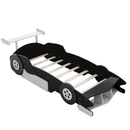 Race Car-Shaped Platform Bed with Wheels For Kids Bedroom Furniture Playful Design
