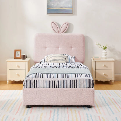 Kids Twin Upholstered Bed with Oversized Rabbit Ear Headboard, Led Light & 4 Storage Drawers
