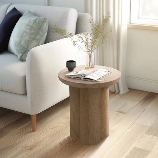 Wood Round Side Table with Sculptural Base - Brown, 18 in.