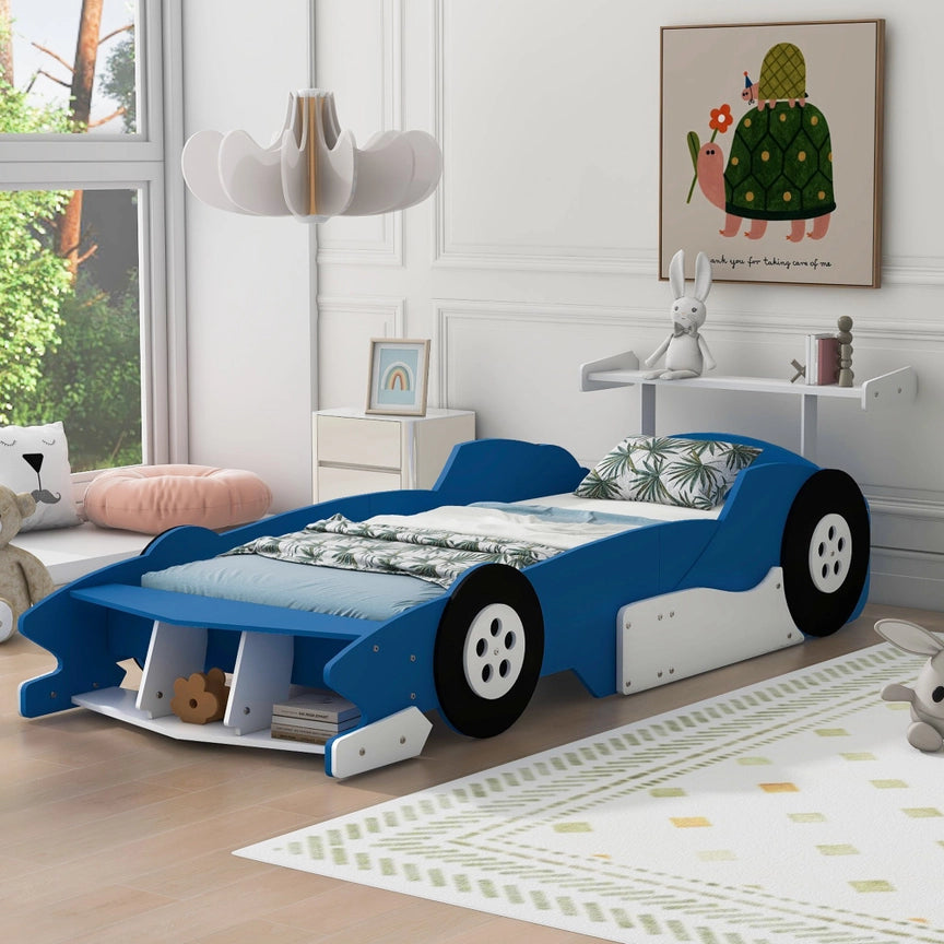 Race Car-Shaped Platform Bed with Wheels For Kids Bedroom Furniture Playful Design