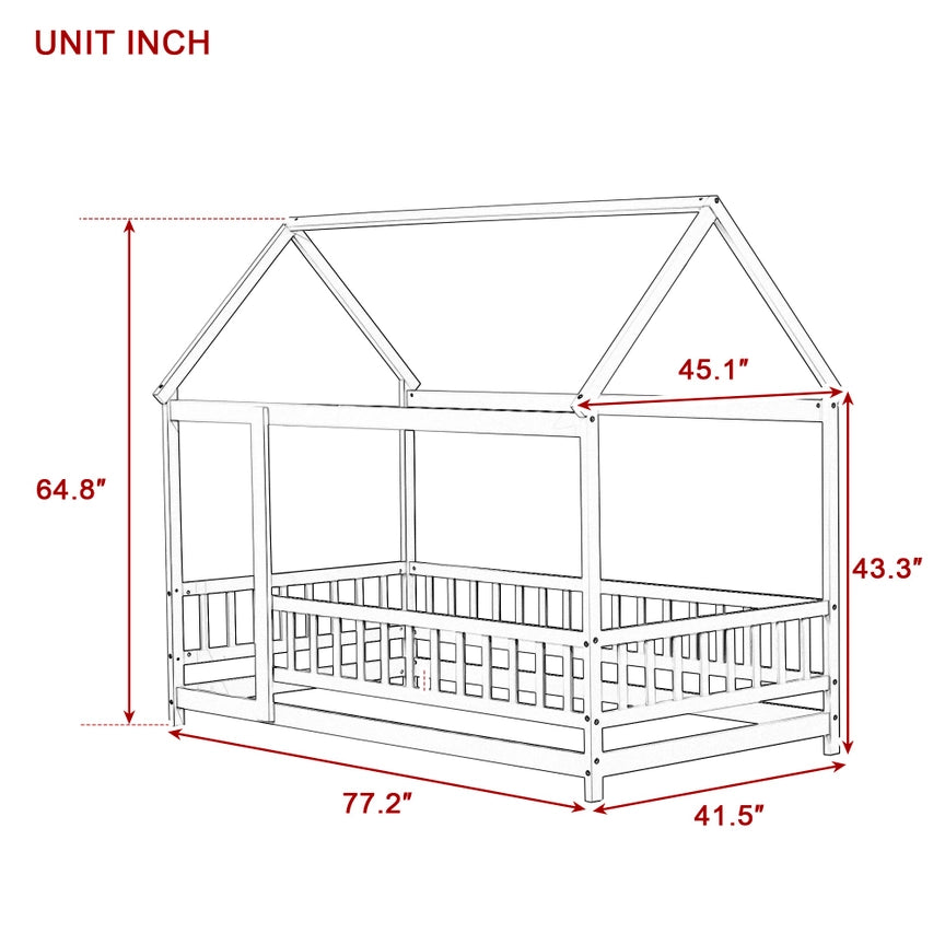 Twin Size House Floor Wooden Bed with Roof Frame,Safety Guardrails,White