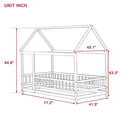 Twin Size House Floor Wooden Bed with Roof Frame,Safety Guardrails,White