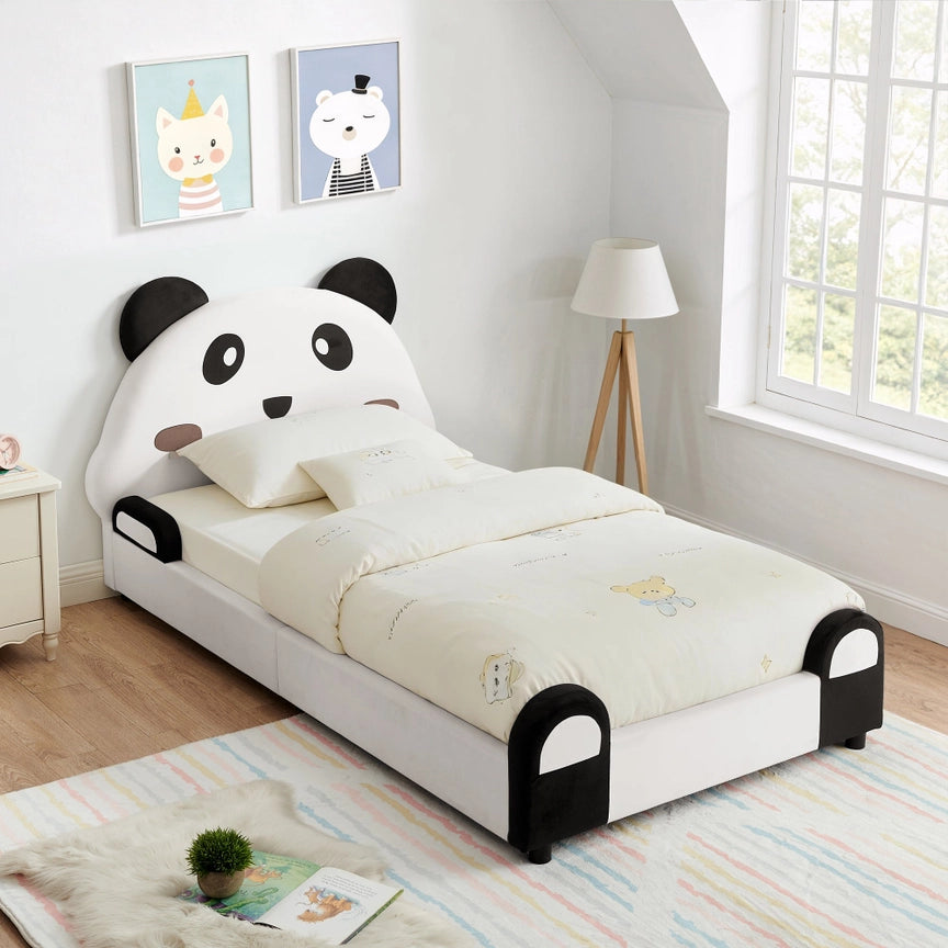 Twin Size Cute Panda-Shaped Kids Bed with Soft Padded Edges, Velvet Upholstered Solid Wood Frame in White and Black