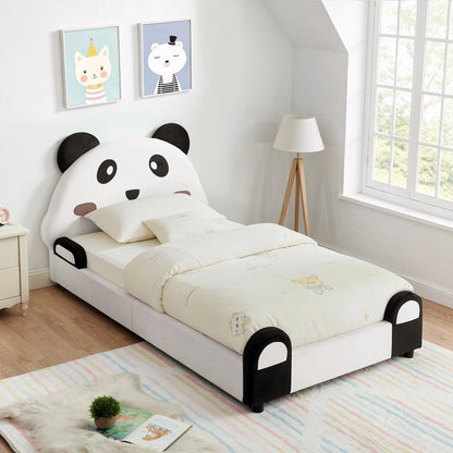Twin Size Cute Panda-Shaped Kids Bed with Soft Padded Edges, Velvet Upholstered Solid Wood Frame in White and Black