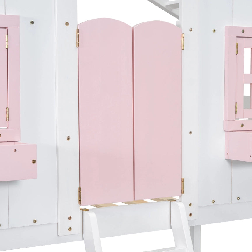 Twin Over Twin House Bunk Bed with Roof , Window, Window Box, Door , with Safety Guardrails and Ladder, Pink/White