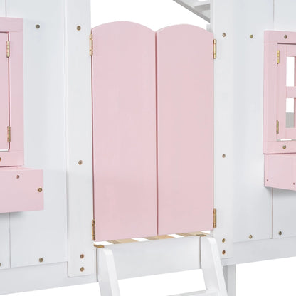 Twin Over Twin House Bunk Bed with Roof , Window, Window Box, Door , with Safety Guardrails and Ladder, Pink/White
