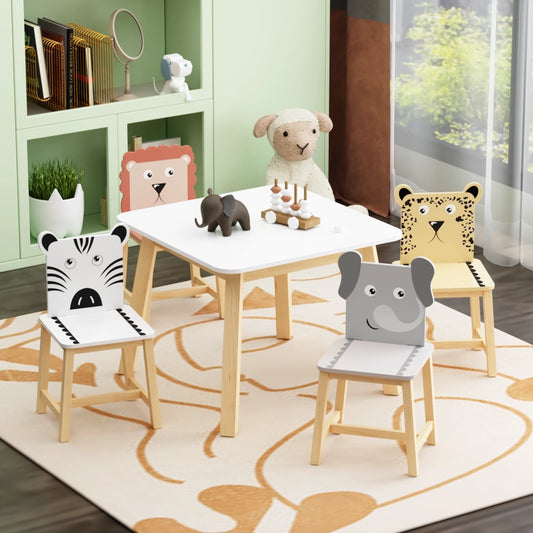 Kids Table and Chair Set with Cartoon Animal Backs, 5-Piece
