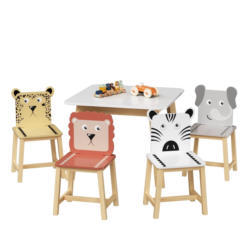 Kids Table and Chair Set with Cartoon Animal Backs, 5-Piece