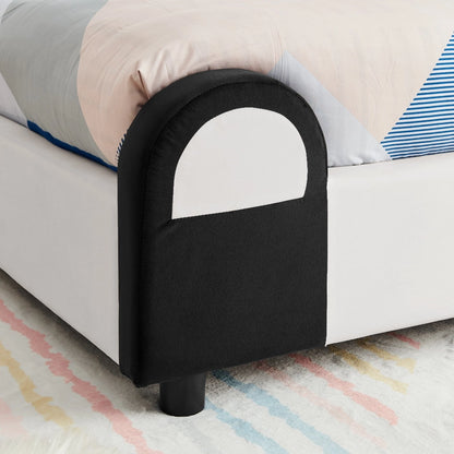 Twin Size Cute Panda-Shaped Kids Bed with Soft Padded Edges, Velvet Upholstered Solid Wood Frame in White and Black
