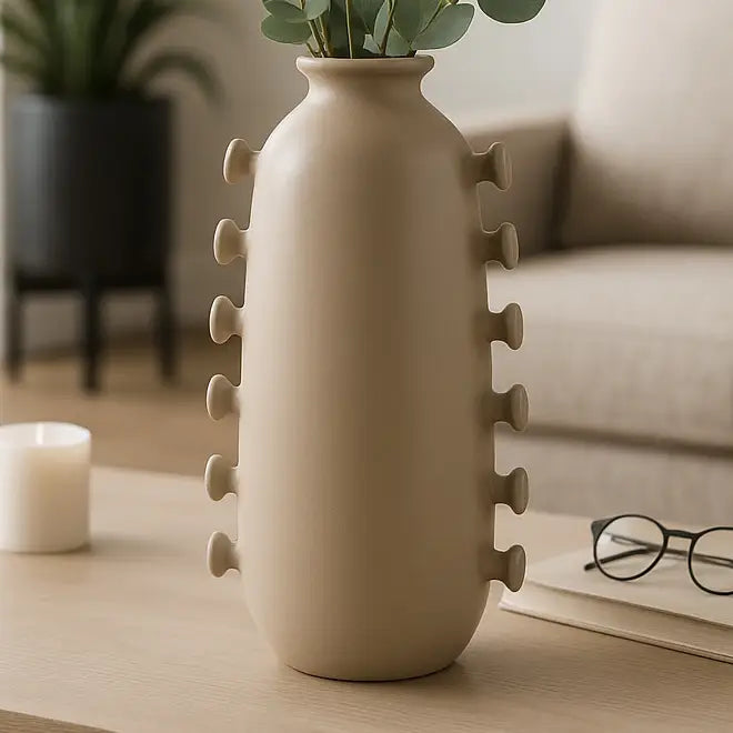Decorative Vase - Tan Ceramic with Side Detailing, 18 in.
