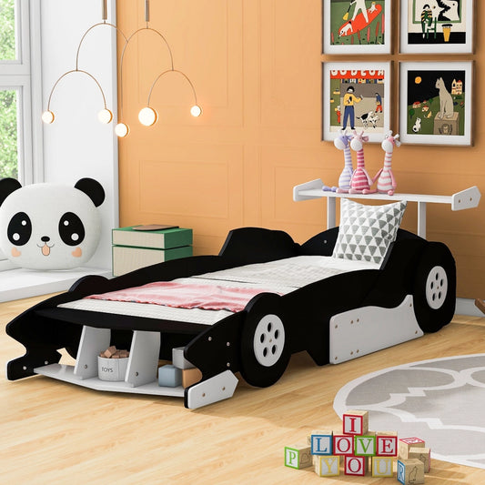 Race Car-Shaped Platform Bed with Wheels For Kids Bedroom Furniture Playful Design