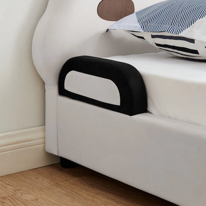 Twin Size Cute Panda-Shaped Kids Bed with Soft Padded Edges, Velvet Upholstered Solid Wood Frame in White and Black