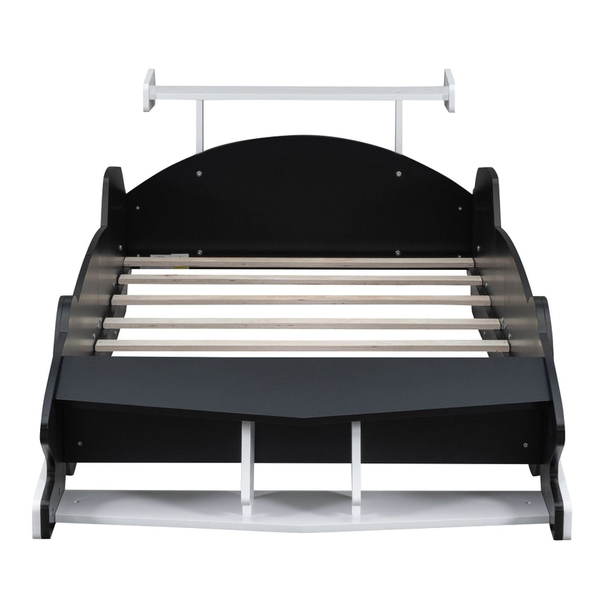 Race Car-Shaped Platform Bed with Wheels For Kids Bedroom Furniture Playful Design