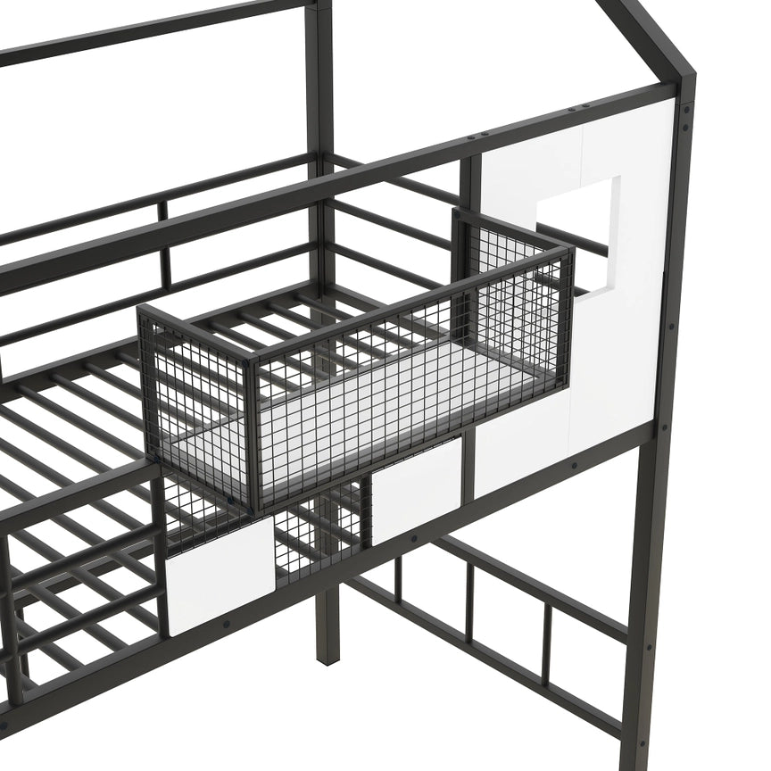 Metal Loft Bed with Roof & Storage Box – Twin, Black