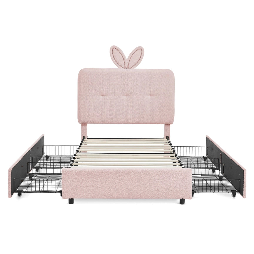 Kids Twin Upholstered Bed with Oversized Rabbit Ear Headboard, Led Light & 4 Storage Drawers