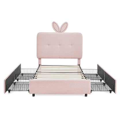Kids Twin Upholstered Bed with Oversized Rabbit Ear Headboard, Led Light & 4 Storage Drawers