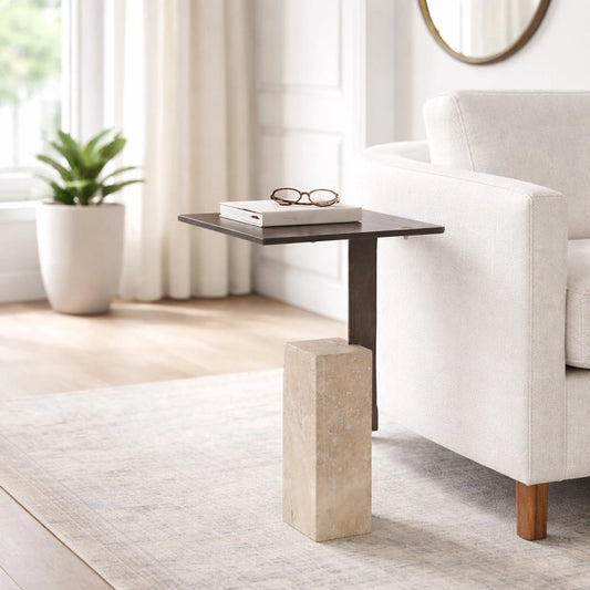 Side Table - Bronze Travertine Square Block Base, 22 in.