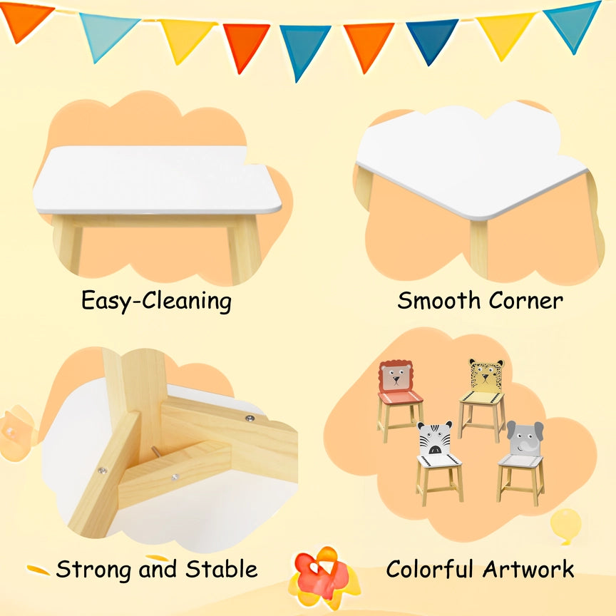 Kids Table and Chair Set with Cartoon Animal Backs, 5-Piece