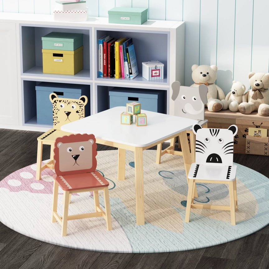 Kids Table and Chair Set with Cartoon Animal Backs, 5-Piece