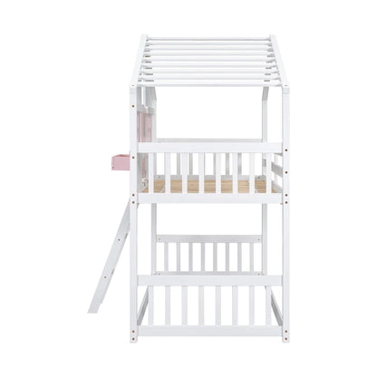 Twin Over Twin House Bunk Bed with Roof , Window, Window Box, Door , with Safety Guardrails and Ladder, Pink/White
