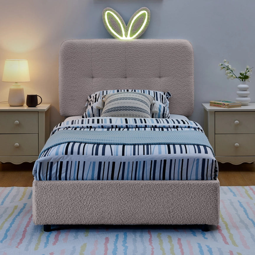 Kids Twin Upholstered Bed with Oversized Rabbit Ear Headboard, Led Light & 4 Storage Drawers