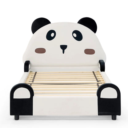 Twin Size Cute Panda-Shaped Kids Bed with Soft Padded Edges, Velvet Upholstered Solid Wood Frame in White and Black