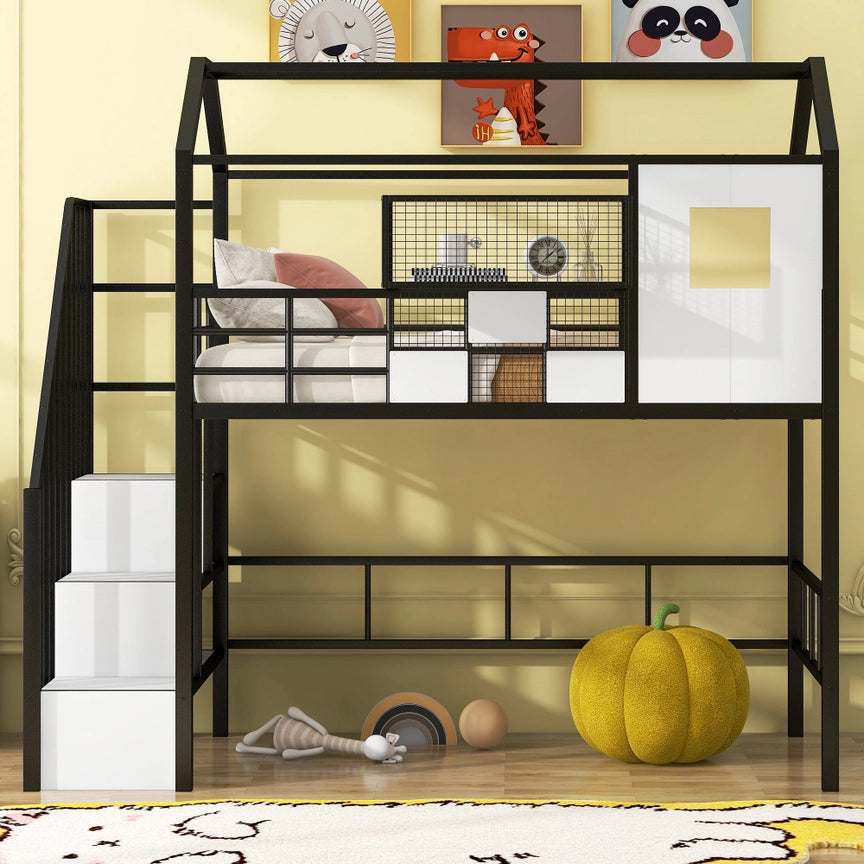 Metal Loft Bed with Roof & Storage Box – Twin, Black