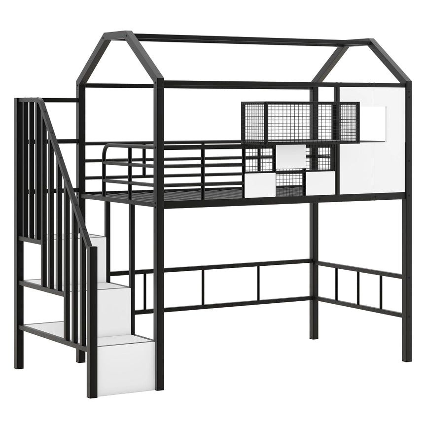 Metal Loft Bed with Roof & Storage Box – Twin, Black