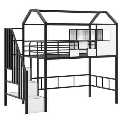 Metal Loft Bed with Roof & Storage Box – Twin, Black