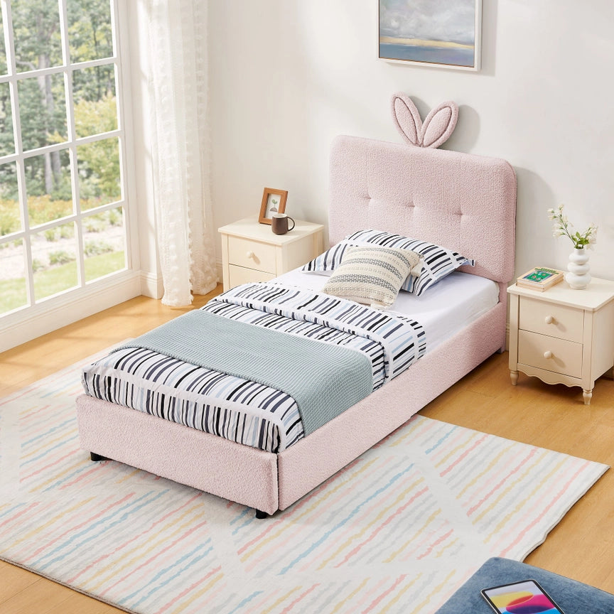 Kids Twin Upholstered Bed with Oversized Rabbit Ear Headboard, Led Light & 4 Storage Drawers