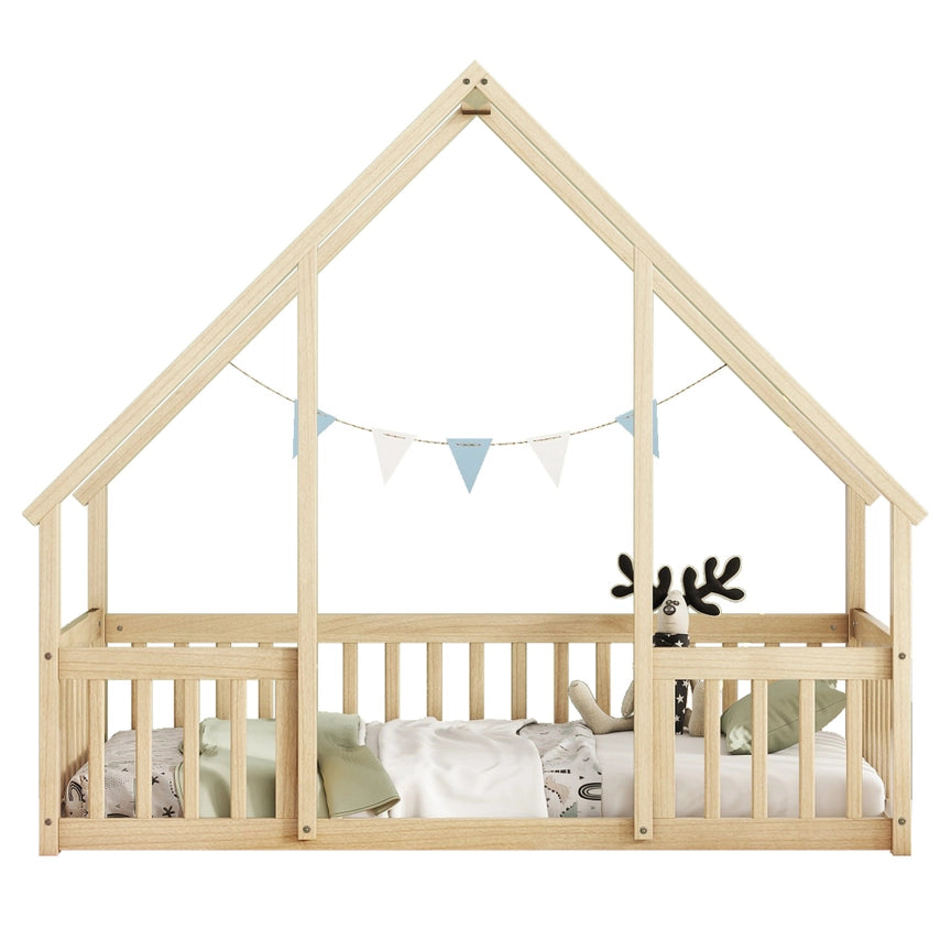 Twin Wood House-Shaped Floor Bed with Fence, Guardrails ,Natural