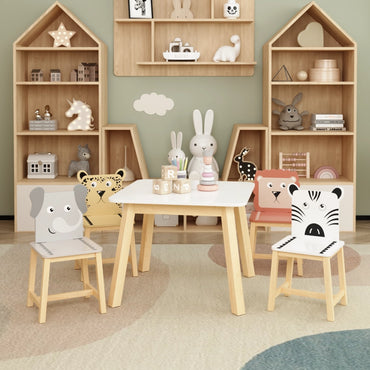 Kids Table and Chair Set with Cartoon Animal Backs, 5-Piece