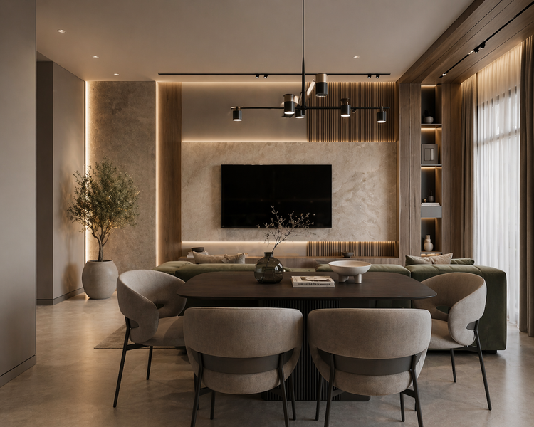 Modern living room with a television, sofa, and dining table.