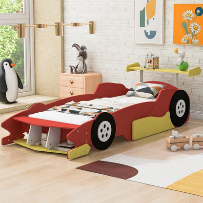 Race Car-Shaped Platform Bed with Wheels For Kids Bedroom Furniture Playful Design