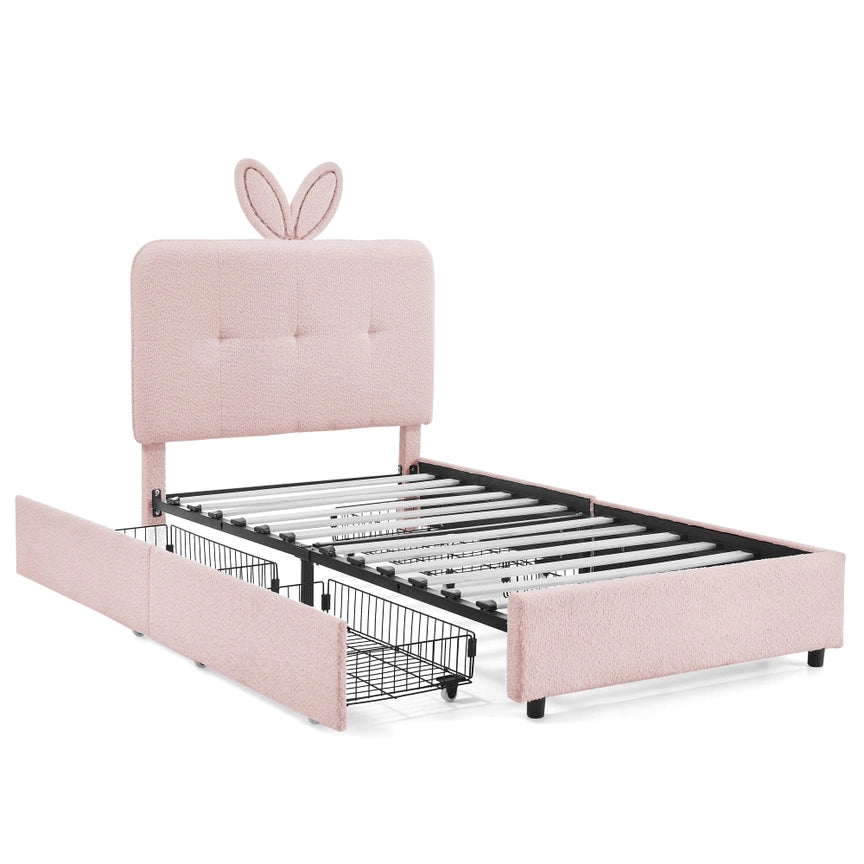Kids Twin Upholstered Bed with Oversized Rabbit Ear Headboard, Led Light & 4 Storage Drawers