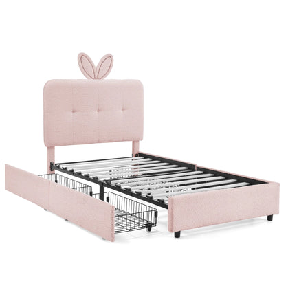Kids Twin Upholstered Bed with Oversized Rabbit Ear Headboard, Led Light & 4 Storage Drawers