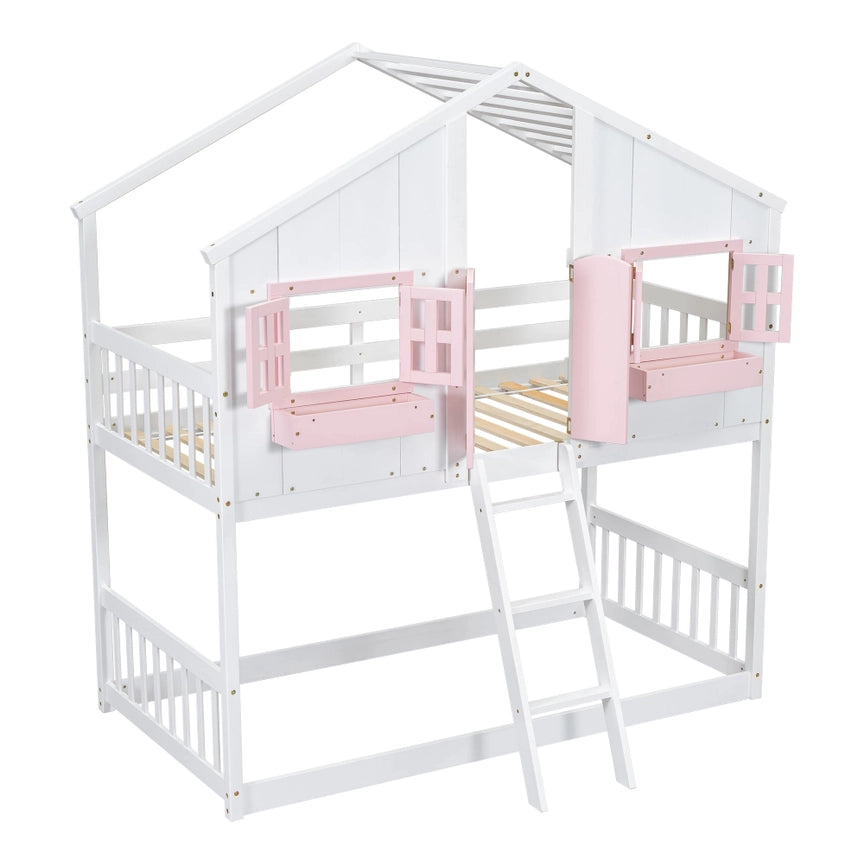 Twin Over Twin House Bunk Bed with Roof , Window, Window Box, Door , with Safety Guardrails and Ladder, Pink/White